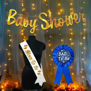 Party Propz Baby Shower Decorations Items - 4pcs Baby Shower Banner (cardstock) | Mom To Be Sash And Dad To Be Badge | With Fairy Led Light | For Mom To Be Gifts | Maternity Photoshoot Items