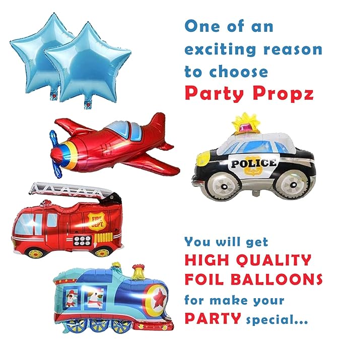 Party Propz Birthday Decoration Boys Multicolor Happy Birthday Paper Bunting Transport Vehicles Foil Balloons Plane Train Police Fire Truck Character Bunting Balloons for Kids Boys Birthday -Set of 59