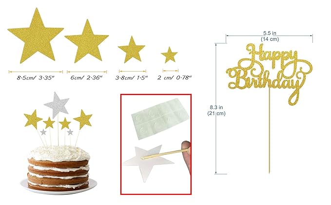 Party Propz Happy Birthday Cake Topper - Pack of 14Pcs | Golden Silver Glitter | Stars Cupcake Toppers for Kids Boy's Girls Adults | Birthday Decorations Items | Cake accessories, Cards, Tags