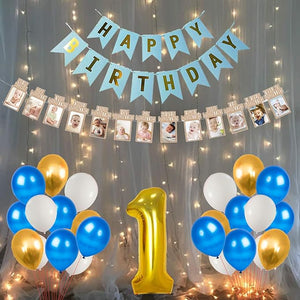 Party Propz First Birthday Decoration Items - 34 Pcs | 12 Months Photo Banner for Birthday | Happy Birthday Banner(Cardstock) | 1st Birthday Decorations Kids | One Year Bday with Led light, Balloon