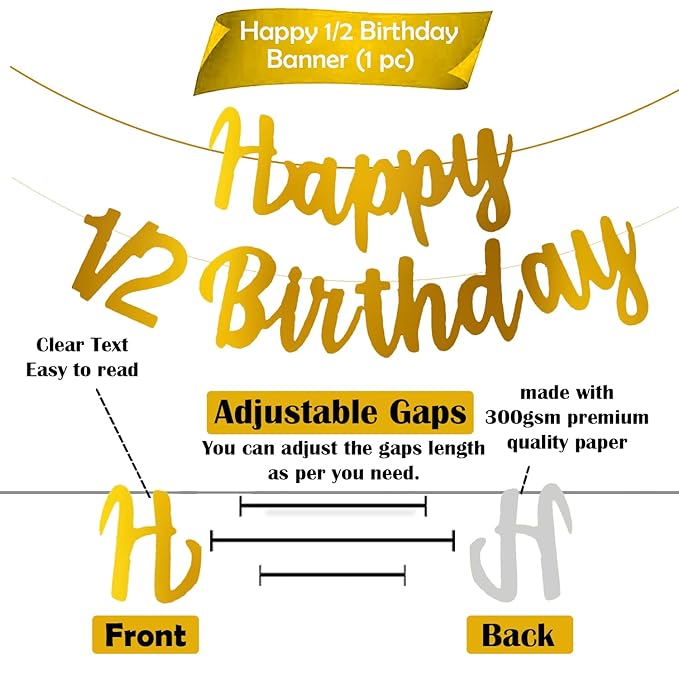Party Propz Gold Happy 1/2 Birthday Banner (cardstock) - 1 Pc Happy 1/2 Birthday Banner For Half Birthday Decorations | Its My Half Birthday Decorations | Half Birthday Banner | Half Birthday Banner For Baby Boys And Girls