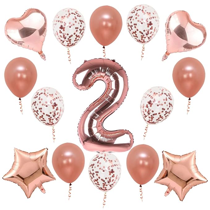 Party Propz 2nd Birthday Decoration Items For Girls -15Pcs Rose gold No. 2 Foil Balloon,Star & Heart Foil Balloons,Confetti Ballon- Bithday. Decorations For Girl/ 2nd Birthday Decorations