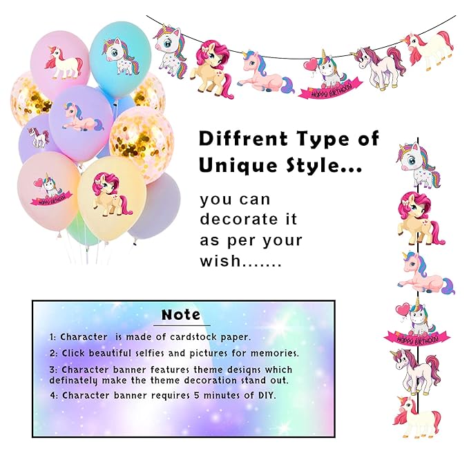 Party Propz Unicorn Theme Birthday Decorations Items Combo Set-77Pcs Kit With Happy Birthday Bunting,Cardstock,Cake Topper Pastel Balloons- Kit For Girls/Unicorn Birthday Decorations