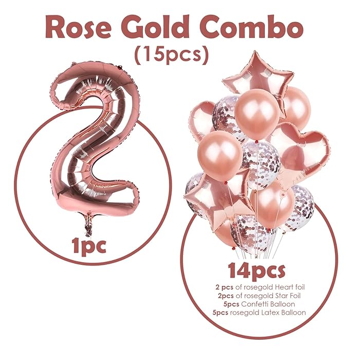 Party Propz 2nd Birthday Decoration Items For Girls -15Pcs Rose gold No. 2 Foil Balloon,Star & Heart Foil Balloons,Confetti Ballon- Bithday. Decorations For Girl/ 2nd Birthday Decorations