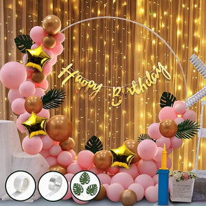 Party Propz Pink Birthday Decoration Items Combo Set For Girls Kids- Happy Birthday Banner (Cardstock),Metallic Balloons,Net,Glue Dot,Arch Strip,Balloon Pump,Star Foil With Led Fairy Lights,1 Piece