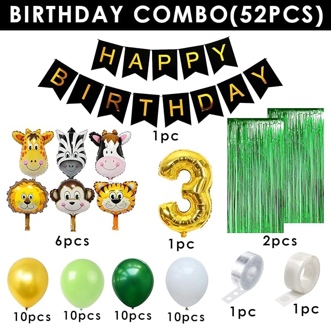 Party Propz Jungle Theme Birthday Decoration- 52 Pcs, Jungle 3rd Birthday Decoration | Happy Birthday Third Boys, Girls | 3 Year Birthday Decoration Kit For Kids | Metallic, Foil Balloons