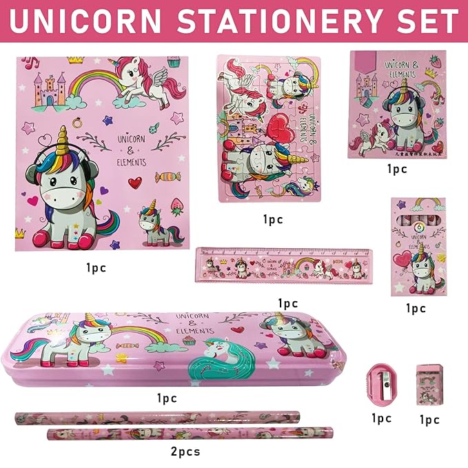 Party Propz Unicorn Stationary Set Kit For Girls- 10Pcs Notebook, Puzzle, Scale,Steel Pencil Box, Sharpener, Eraser, Toys- Return Gifts For Girls Age 10-12 Years-Unicorn Things School Accessories Item