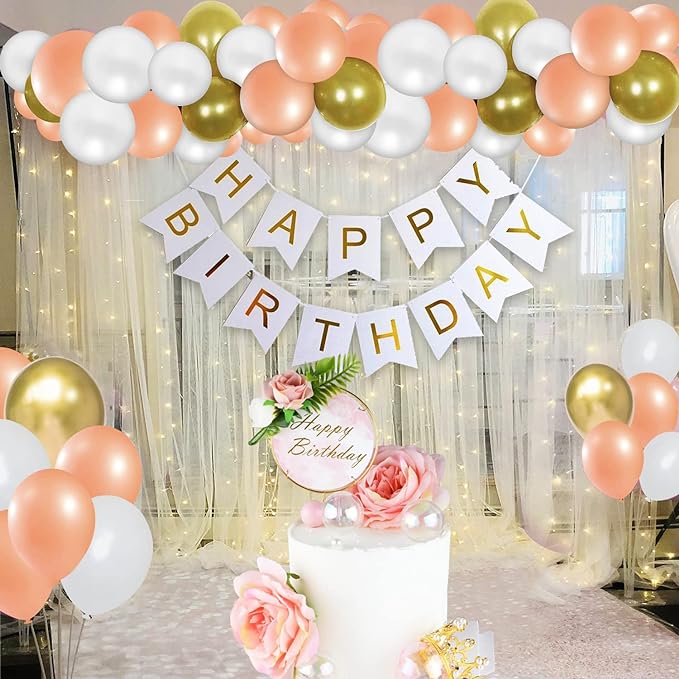 Party Propz Happy Birthday Decoration - 63 Pcs, Birthday Decoration Items For Girl Wife Women | Peach, White, Golden Chrome Metallic Balloons, Net Curtain, Cake Topper, Tying Tool, Glue Dot, Arch Tape