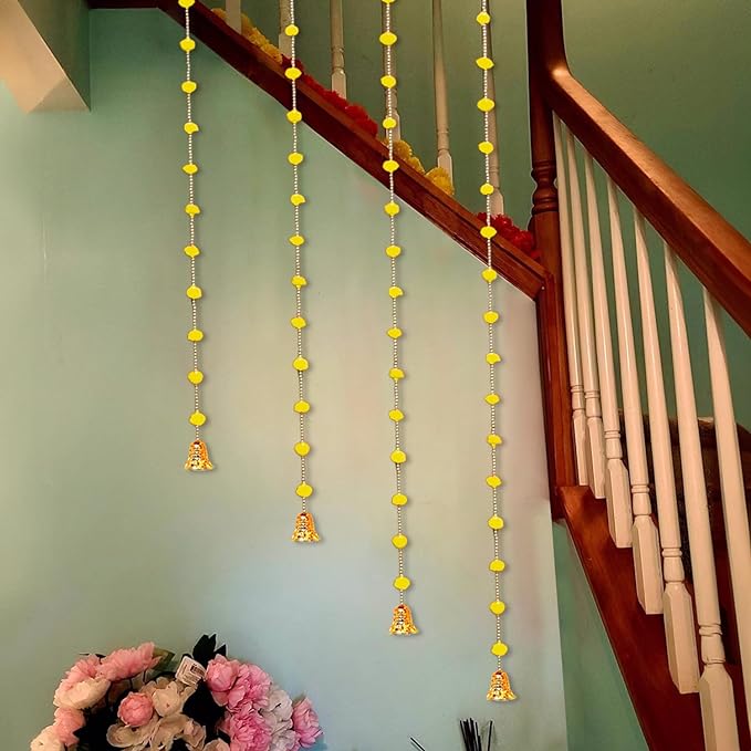 Party Propz Yellow Pom Pom Hangings for Decoration - 4Pcs Handmade Wall Hangings Latkans for Decoration | Bandarwar Decoration Item | Pom Pom Latkan With Golden Bells for Decoration | Haldi Decoration