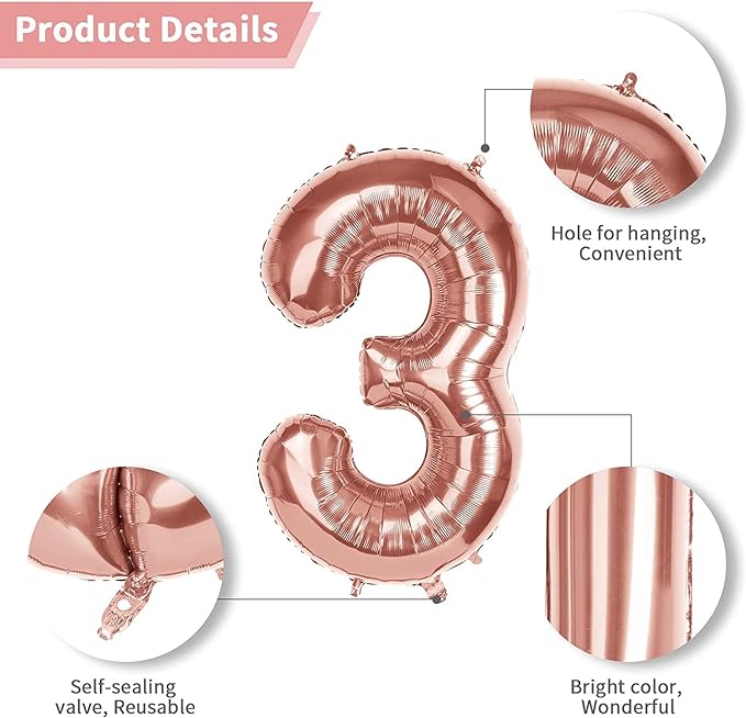 Party Propz 3 Number Foil Balloon - 16 Inch Rose Gold Foil balloons for 21st Birthday Decoration items | Anniversary Decoration items | Balloon Decoration | Number Balloons for Party