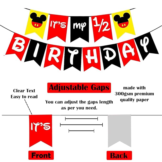 Party Propz Half Birthday Banner- Mickey Birthday Decoration Items | Its My Half Birthday Decorations | Red and Black Birthday Decoration | Happy 6 Months Birthday decorations | Happy Birthday Banner (Cardstocks)