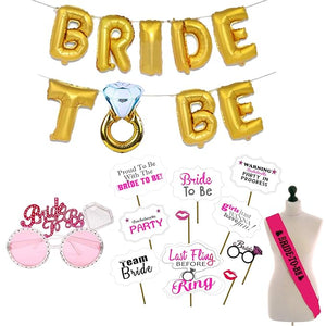 Party Propz Bride to Be Decoration Set Combo- 13Pcs Bachelorette Party Decorations | Bride to Be Ring Foil Banner (cardstock), Sash, Photobooth Props and Eyeglass | Bridal Shower Decoration