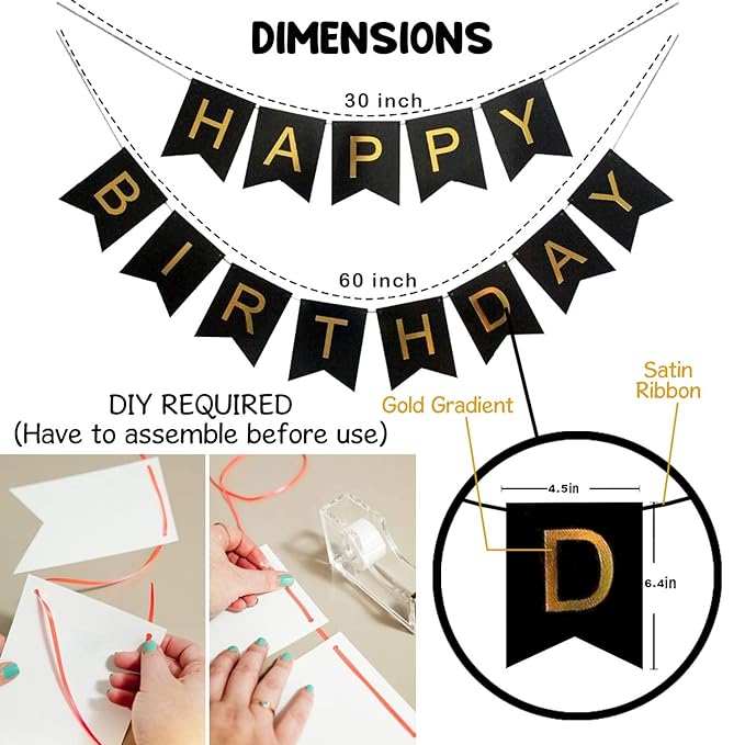 Party Propz Black and Gold Happy Birthday Banner Decoration For Boys, Girls, Boyfriend, Girlfriend, Husband,Kids Bday Celebrations,Bunting Tags,Flag Decorative Items Decor