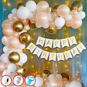 Party Propz Rubber Rose Gold Birthday Decorations Combo White Banner With Metallic Balloons and Led Fairy Lights for 1st 18th 21st 25th 50th 60th 30th Decorations - Set of 61