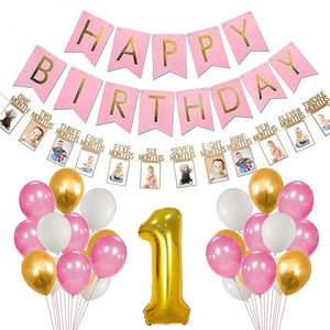 Party Propz 1St Birthday Decoration For Girls- Set Of 33 Pcs 12 Months Photo Banner For Birthday|Pink Balloons For Birthday Decoration|1 Number Foil Balloon|Happy Birthday Banner(Cardstock)