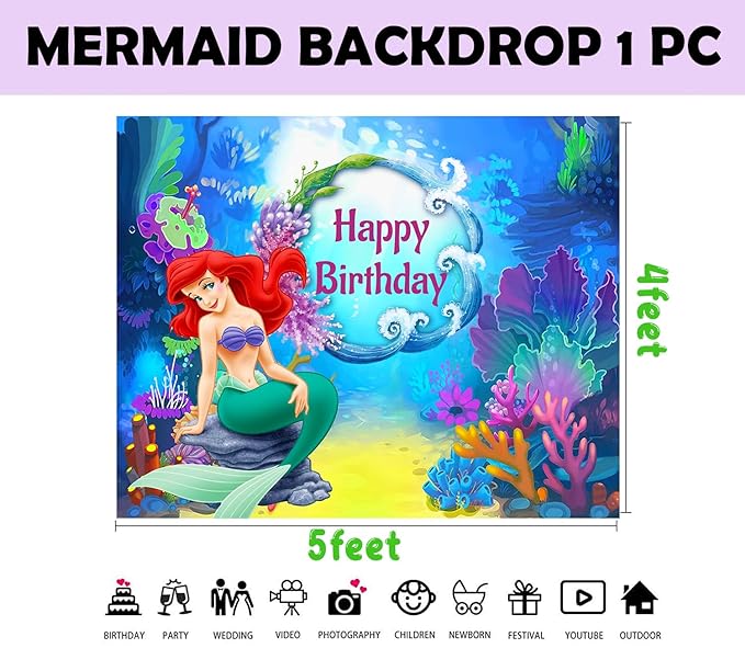 Party Propz Mermaid Theme Birthday Decorations - Mermaid Birthday Theme Backdrop Banner | Background Decorations for Birthday | Mermaid Decorations for Birthday | Birthday Decoration Items for Girl