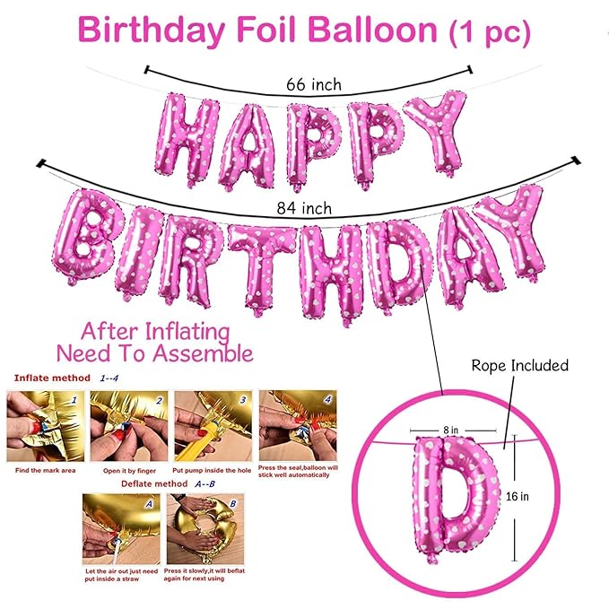 Party Propz Girls Happy Birthday Letter Foil Metallic Balloons Decorations Kit Combo- 54Pcs for Girl Kids Baby First Bday Decoration Items / Wife Women Celebration / Led Fairy Light Theme Pink