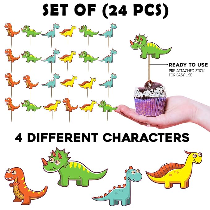 Party Propz Dinosaur Theme Cake Topper Decoration- 24Pcs For Kids|Dinosaur Theme Birthday Decorations|Cake Decoration Items|Dino Theme Cake Decoration Items|Dinosaur Cake Topper For Cake Decorations