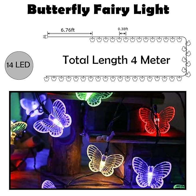 Party Propz Butterfly Lights for Decoration - 14 Feet, 14 Led Fairy Lights Decorations for Home | Christmas Lights for Home Decoration | String Lights for Kids Room | Cute Lights for Room Decor