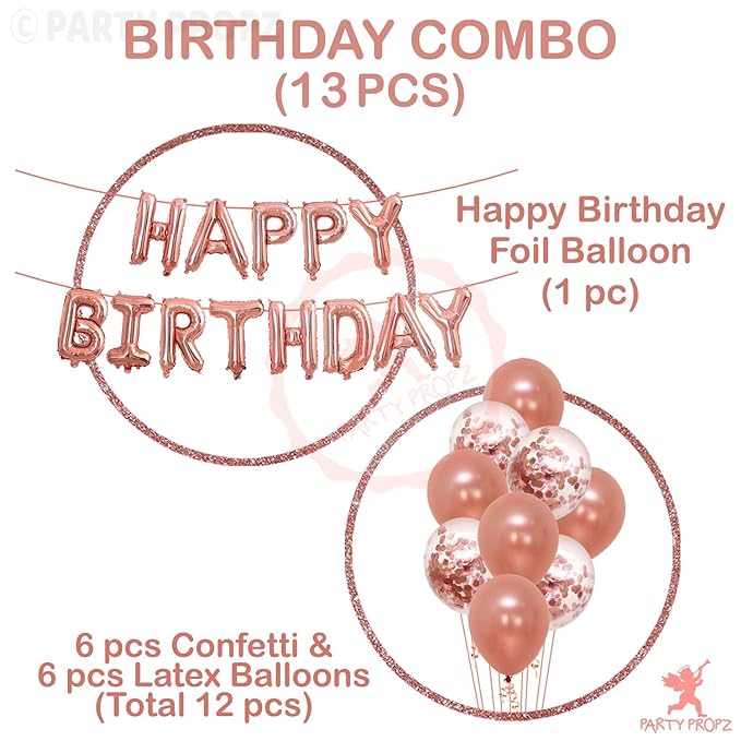 Party Propz Rose Gold Balloons Birthday Decoration Kit - Large 13 Pcs | Happy Birthday Foil Balloon | Rose Gold Balloons for Girls | Birthday Decoration for Girls | Birthday Decoration for Women