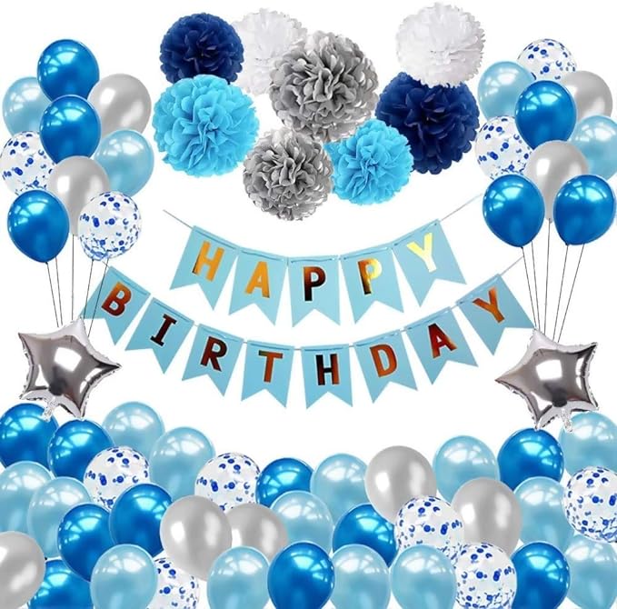 Party Propz Happy Birthday Decoration Kit- 61pcs, Pom Pom Balls Paper Decoration | Star Foil Balloons | Blue Decoration For Birthday | Birthday Decoration Items | Happy Birthday Banner (cardstock)