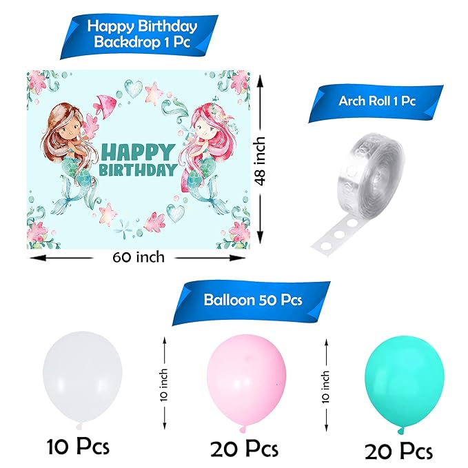 Party Propz Vinyl Mermaid Theme Birthday Decorations - Set Of 52Pcs Balloon Decoration For Birthday|Mermaid Theme Balloon Decoration Kit|Mermaid Theme Birthday Backdrop Decoration Items,Multicolor