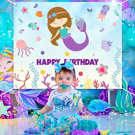 Party Propz Mermaid Decoration For Birthday - Mermaid Background Banner (Vinyl) For Birthday | Mermaid Theme Birthday Decorations | Under The Sea Theme Decoration | Mermaid Birthday Banner (Vinyl)