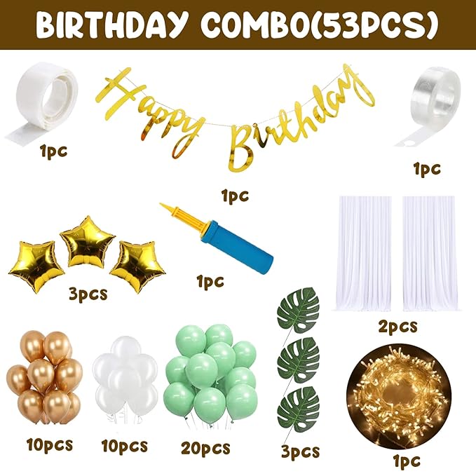 Party Propz Green Birthday Decoration Items - Pack of 53 Pcs, Happy Birthday Banner with Metallic Balloons | Balloon Arch Strip | Birthday Decoration for Kids Birthday | Birthday Decoration Kit