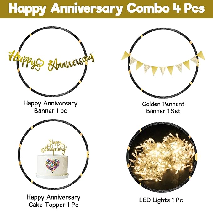 Party Propz Golden Anniversary Decoration Items - 4Pcs Wedding Anniversary Decoration | Happy Anniversary Banner | Happy Anniversary Cake Topper | Anniversary Decoration for Couple, Boyfriend, Husband