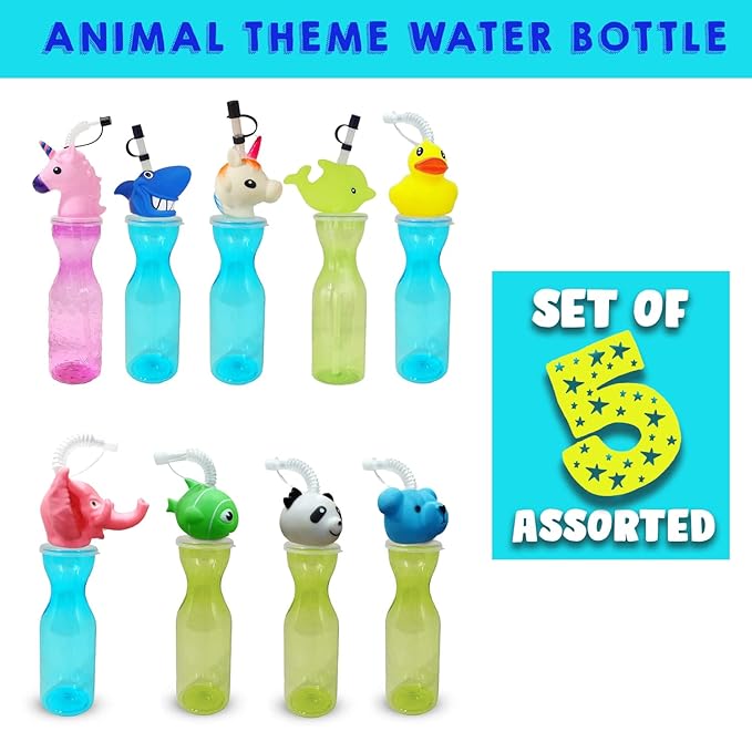 Party Propz Birthday Return Gifts for Kids -Set of 5pcs sippers for kids return gift | Animal Shape Straw Sipper Bottle for Kids | Kids Return Gifts for Birthday | Straw Bottle for Kids Multicolor