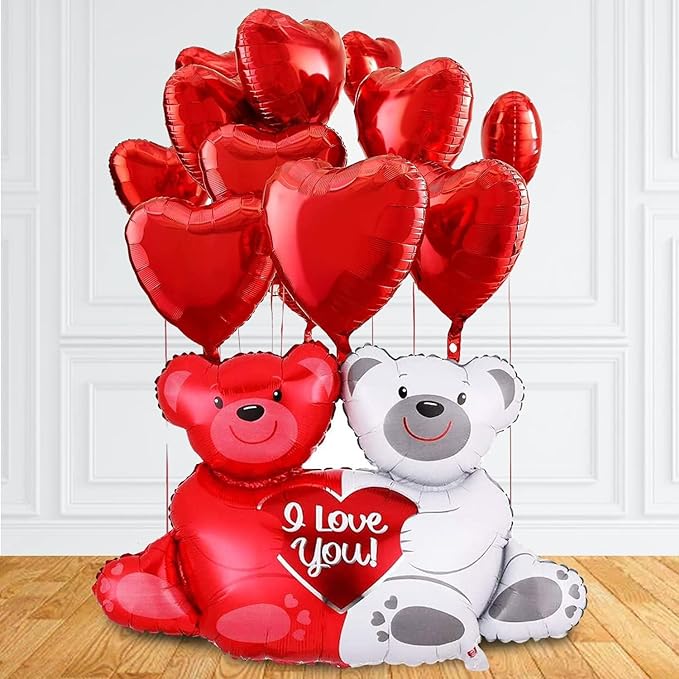 Party Propz Anniversary Decoration Items - Pack of 11Pcs, I Love You Foil Balloons for Anniversary Decoration | Love Teddy Foil Balloons & Red Heart Foil Balloons for Girlfriend | Birthday Decoration