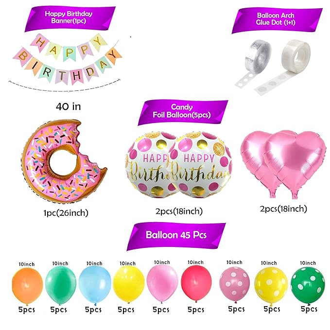 Party Propz Happy Birthday Decoration Kit - Large 53 Pcs Donut Theme Birthday Decoration | Birthday Banner for Girls Boys(Cardstock) | Multicolor Donut Foil Metallic Balloons for Birthday Decorations