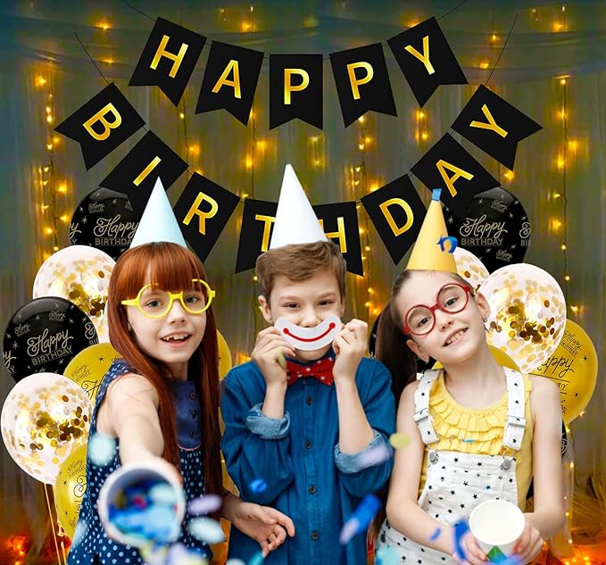 Party Propz Birthday Decoration Items - Happy Birthday Decoration Black Gold | Birthday Decoration Items For Men, Husband | Birthday Decoration Kit For Wife, Women | Confetti, Metallic, Foil Balloons