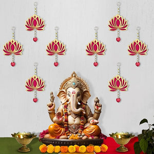 Party Propz Handmade Lotus Hangings For Decoration -8Pcs 8 Inch Wall Decor Lotus Latkan Toran With Lotus Buds | MDF Floral Wall Hangings For Temple Decor | Main Door Entrance | Mandir Decoration Items