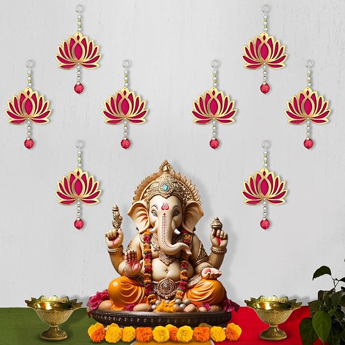 Party Propz Handmade Lotus Hangings For Decoration -8Pcs 8 Inch Wall Decor Lotus Latkan Toran With Lotus Buds | MDF Floral Wall Hangings For Temple Decor | Main Door Entrance | Mandir Decoration Items