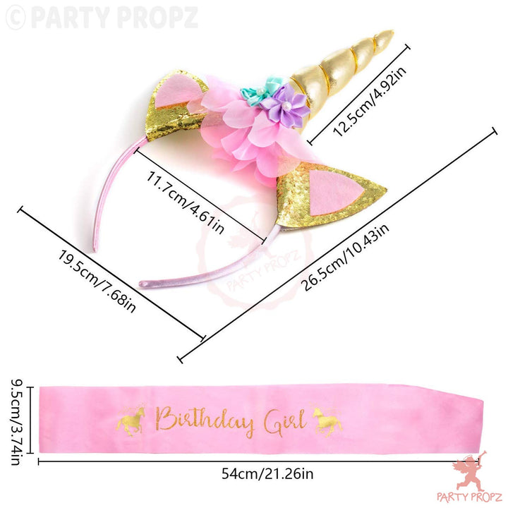 Party Propz Unicorn Birthday Girl Set - 2 Pcs Gold Unicorn Headband And Pink Satin Sash for Baby Girls | Unicorn Hair Band For Girls | Happy Birthday Girl Sash And Crown | Birthday Decoration Item