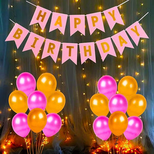 Party Propz Pink Happy Birthday Banner with White Warm Led Light and Balloons Combo 32Pcs for Girls, Wife, Kids, Girl Friend Birthday Decorations Indoor-Outdoor