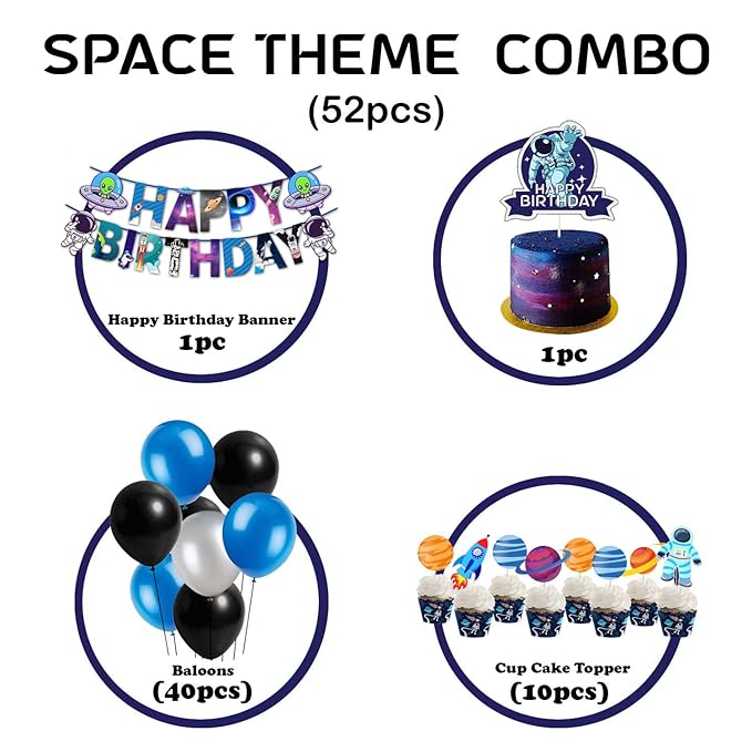 Party Propz Space Theme Birthday Decoration - Large 52 Pcs | Metallic Blue Black Balloons | Happy Birthday Banner(cardstock) | Cake Topper, Cup Cake Toppers for Kids | Theme Party Supplies Space Kit