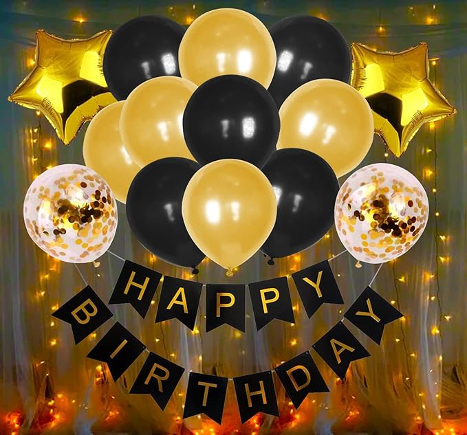 Party Propz Birthday Decoration Items - Happy Birthday Decoration Black Gold | Birthday Decoration Items For Men, Husband | Birthday Decoration Kit For Wife, Women | Confetti, Metallic, Foil Balloons