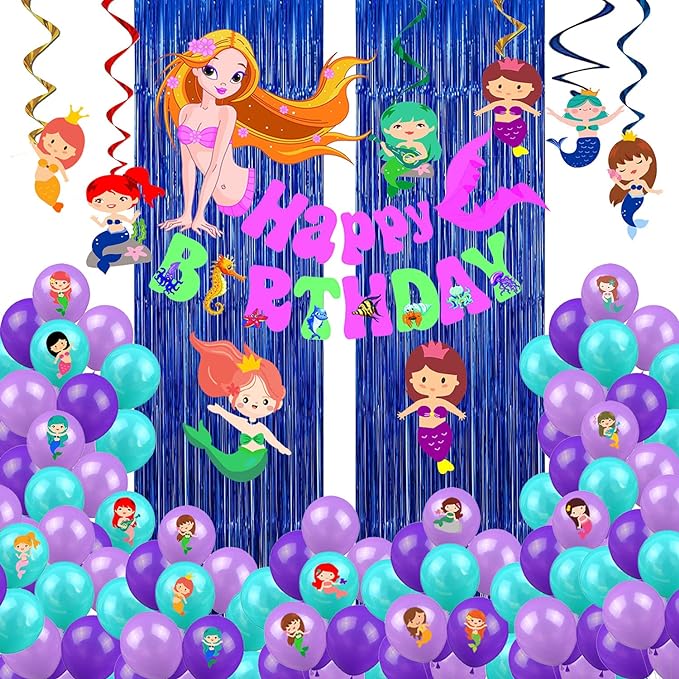 Party Propz Mermaid Theme Birthday Decorations - Large 61 pcs Birthday Decoration Items For Girl | Mermaid Theme Happy Birthday Banner (Cardstock) | Mermaid Balloons for Birthday Decoration