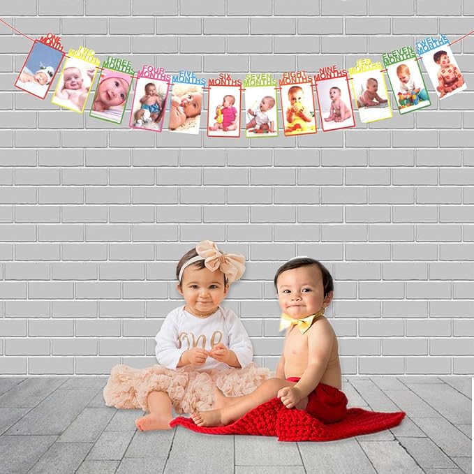 Party Propz 12 Months Photo Banner For Birthday - Bunting For 1st Birthday Decoration Items For Kids | 12 Months Baby Photo Frames | 1 To 12 Months Photo Banner Boy | 1 To 12 Months Photo Banner Girl