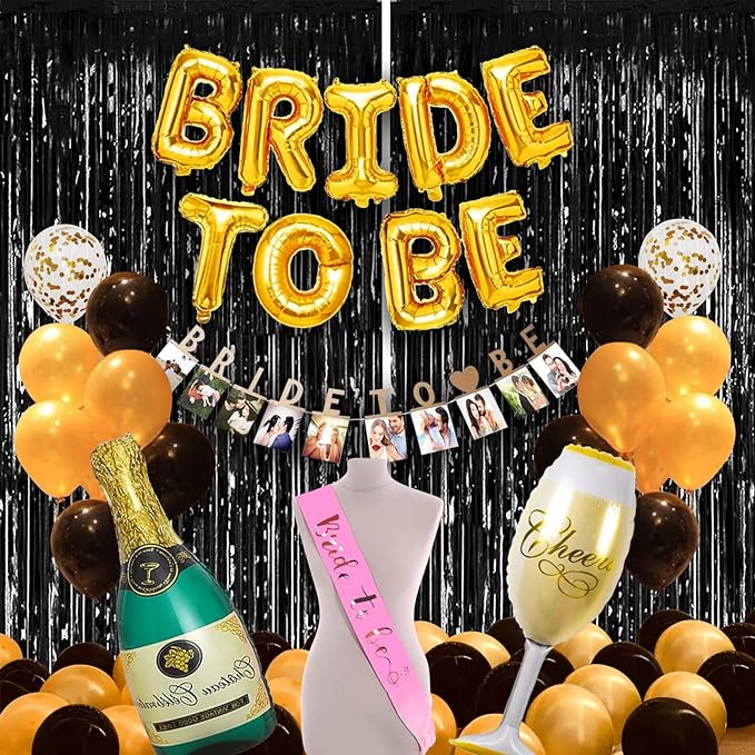 Party Propz Bride To Be Decoration Set Combo-Of 29 Pcs Bridal Shower Decorations Items|With Bride To Be Props For Bachelorette Party|Cheers Champagne Foil Balloons|Bide To Be Sash|Foil Curtains