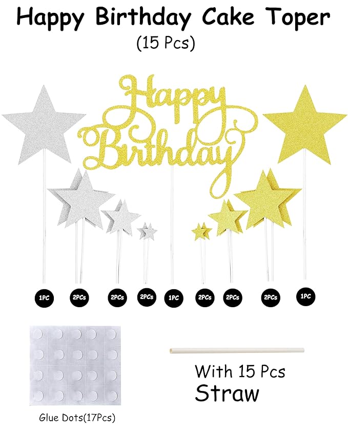 Party Propz Happy Birthday Cake Topper - Pack of 14Pcs | Golden Silver Glitter | Stars Cupcake Toppers for Kids Boy's Girls Adults | Birthday Decorations Items | Cake accessories, Cards, Tags