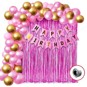 Party Propz Pink Balloons For Birthday Decoration-Set Of 52 Pcs Pink Golden Balloons|Pink Happy Birthday Banner(Cardstock)|Pink Curtain Foil|Metallic Golden & Pink Latex Balloons