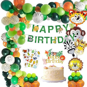 Party Propz Jungle Theme Birthday Decoration-49Pcs,Jungle Safari Theme Birthday Decoration Items For Boy|Jungle Theme Cake Topper,Tattoo,Banner(Cardstock)|Animal Foil,Metallic Balloons For Decoration