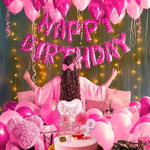 Party Propz Girls Happy Birthday Letter Foil Metallic Balloons Decorations Kit Combo- 60Pcs for Girl Kids Baby First Bday Decoration Items / Wife Women Celebration / Theme Pink