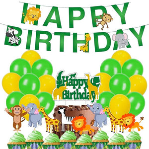 Party Propz Jungle Theme Birthday Party Decorations For Kids 52pcs Combo Set Hawaiian Animals Safari Forest Happy Birthday Bunting, Balloons, Cake toppers For Theme Birthday Party Decorations / 1st birthday decoration for boys jungle theme