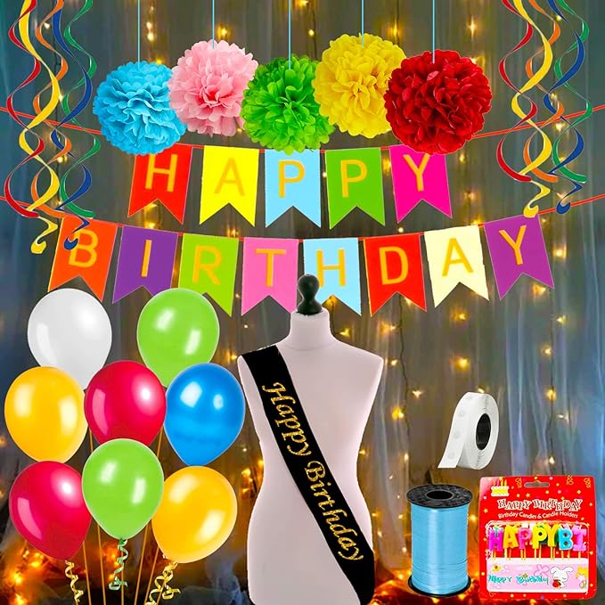 Party Propz Multicolour Birthday Decoration kit - 48 Pcs Set With Happy Bday Sash, Pom pom, Metallic Balloons, Birthday Banner Cardboard ,Ribbon with Fairy Light For Kids, Husband, Boys, Girls