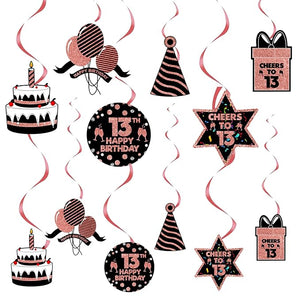 Party Propz Cardstock 13Th Birthday Decorations For Girl-Set of 12 Rose Gold Happy Birthday Decoration Swirls And Cutouts For Kids 13Th Birthday Celebration