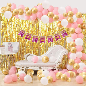 Party Propz 1/2 Birthday Baby Girl Decoration 93Pcs Pink Banner (cardstock) Golden Foil Curtain, Latex Balloons Combo for Girl's Birthday Supplies.